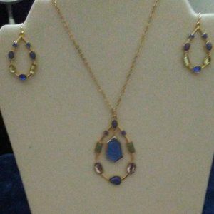 2Pc. Blue & Green Necklace & Earring Teardrop Set